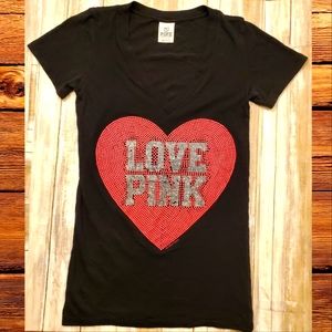 Victoria's Secret PINK VNeck Top Tee.Bling Gem Heart Black Silver. Size XSmall